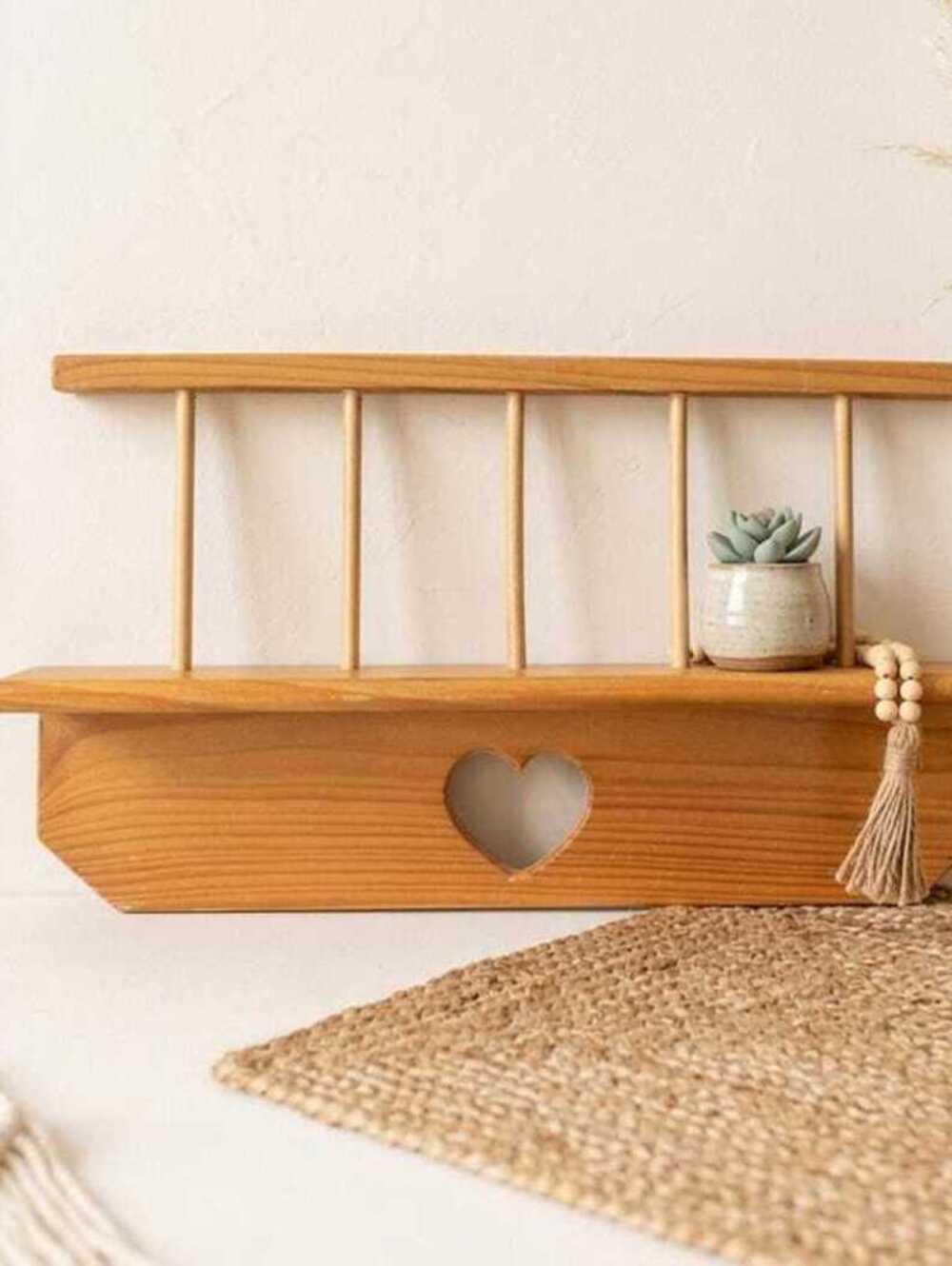 Mid-Century Modern Wooden Wall Shelf with Heart Cutout